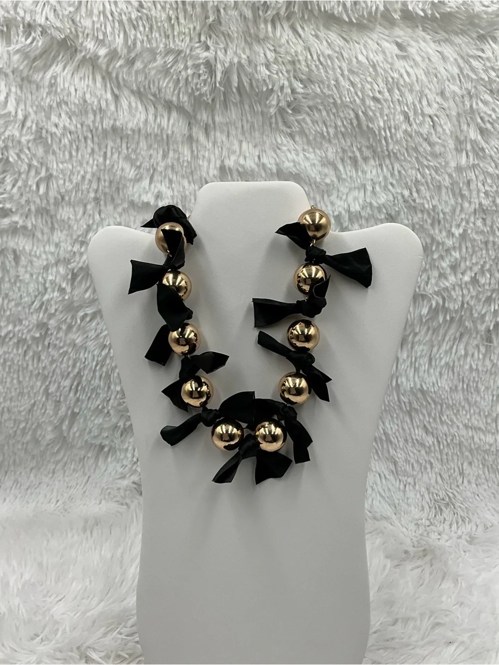 Garden Party Necklace Gold Tone Bead with Black Ribbon Accents NWT